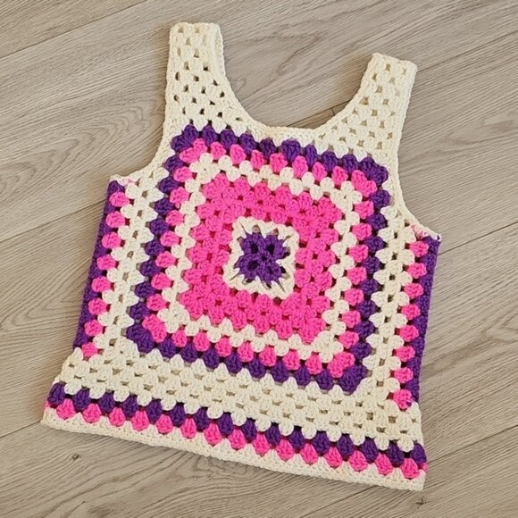 Granny Square Boho Crochet Tank Top Bright Pink And Purple Colors Youth - Picture 5 of 12